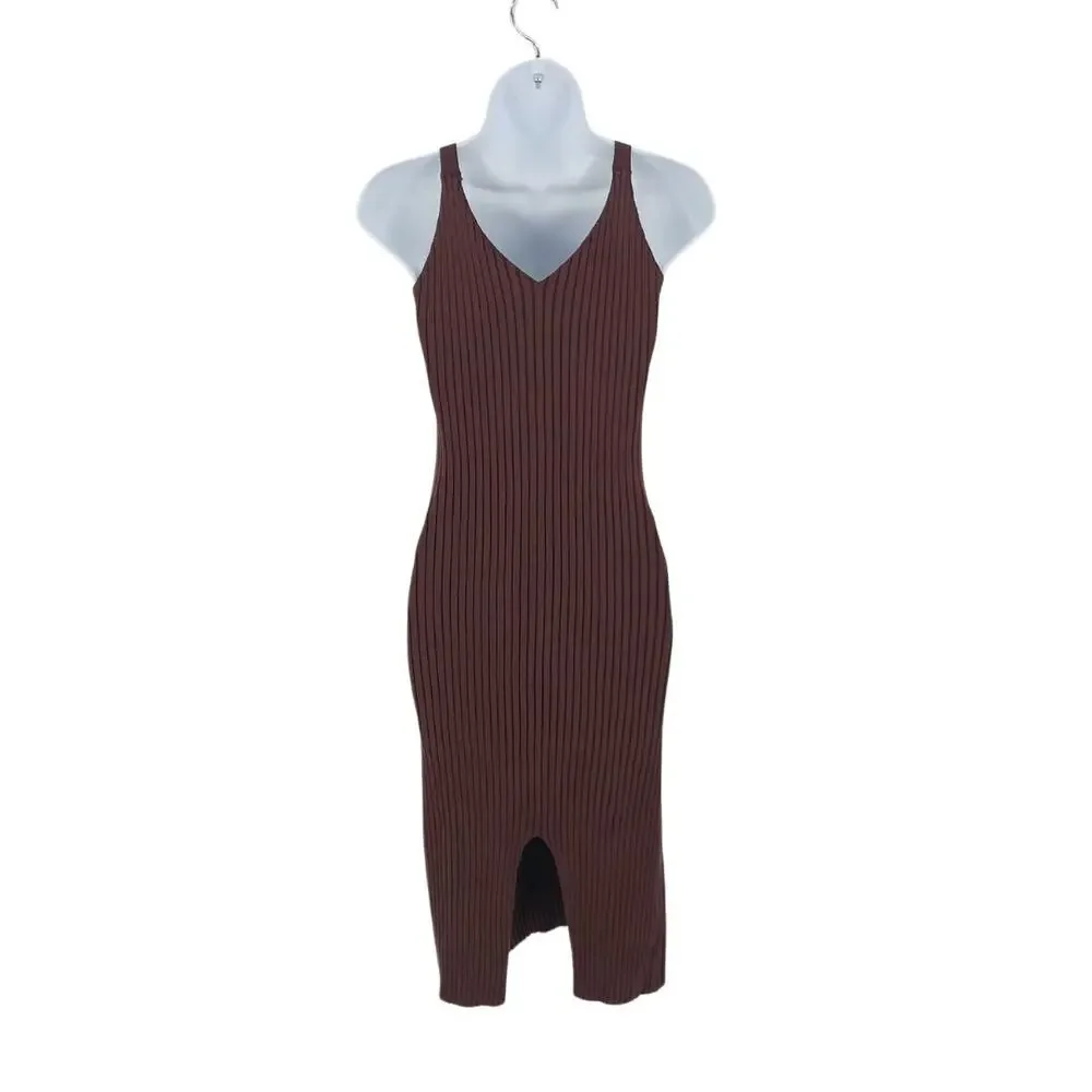Vintage Chocolate Brown Ribbed Knit Midi Bodycon Dress Y2K Sz Small